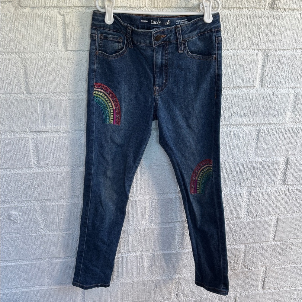 Cat & Jack Blue Denim Embroidered Rainbow Jeggings Denim Jeans sz 12